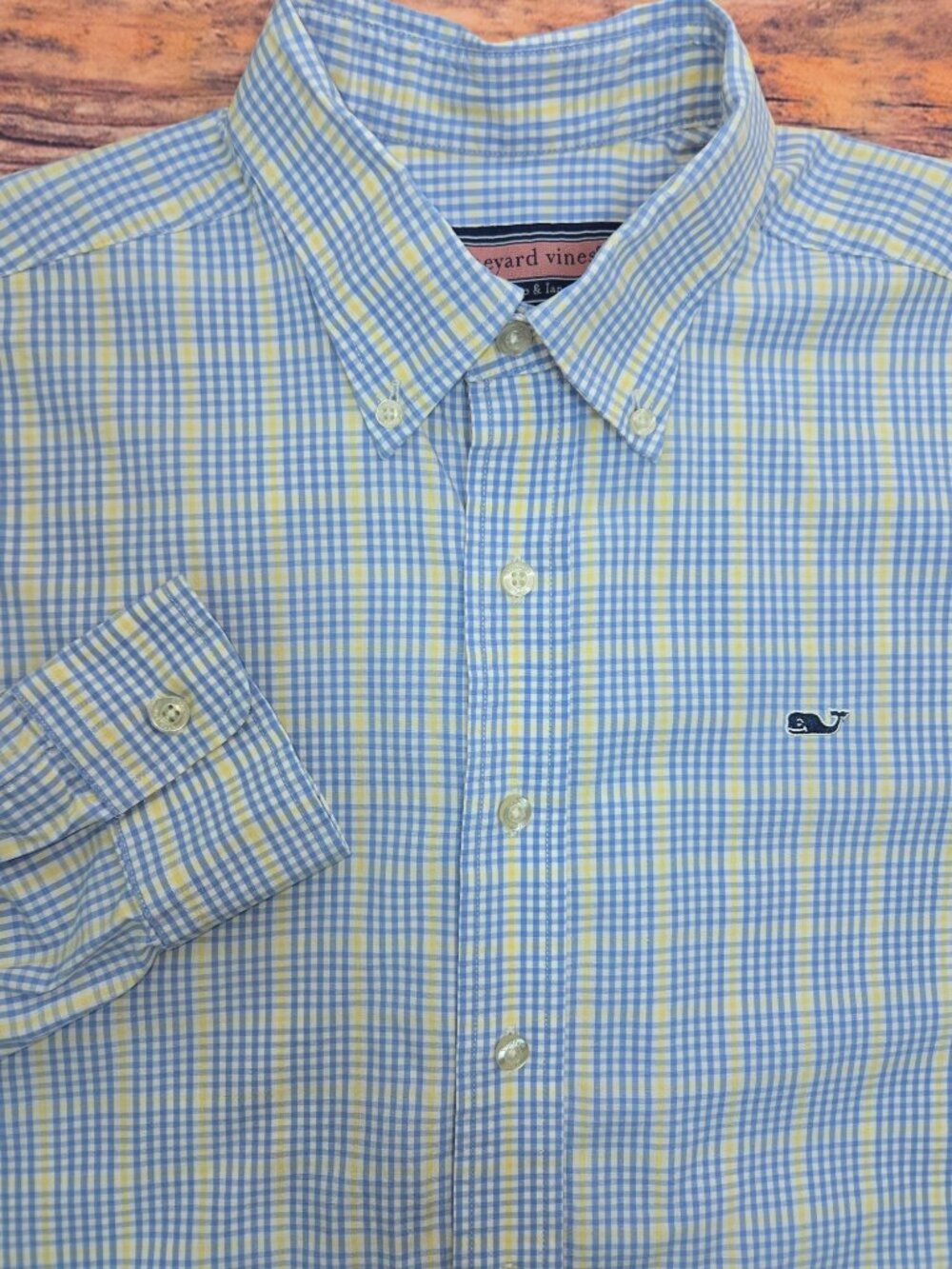 Vineyard Vines Mens Blue Yellow Gingham Whale Shirt Medium
